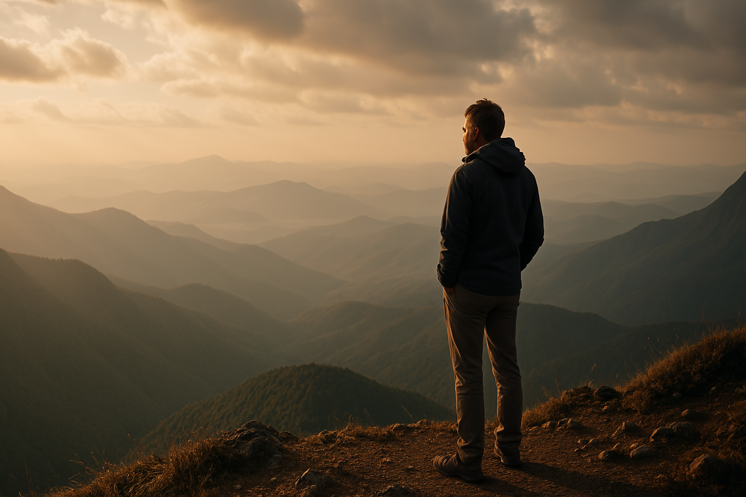Ewiges Leben 4 Eine Person, die nachdenklich auf einem Berggipfel steht und in die Ferne blickt